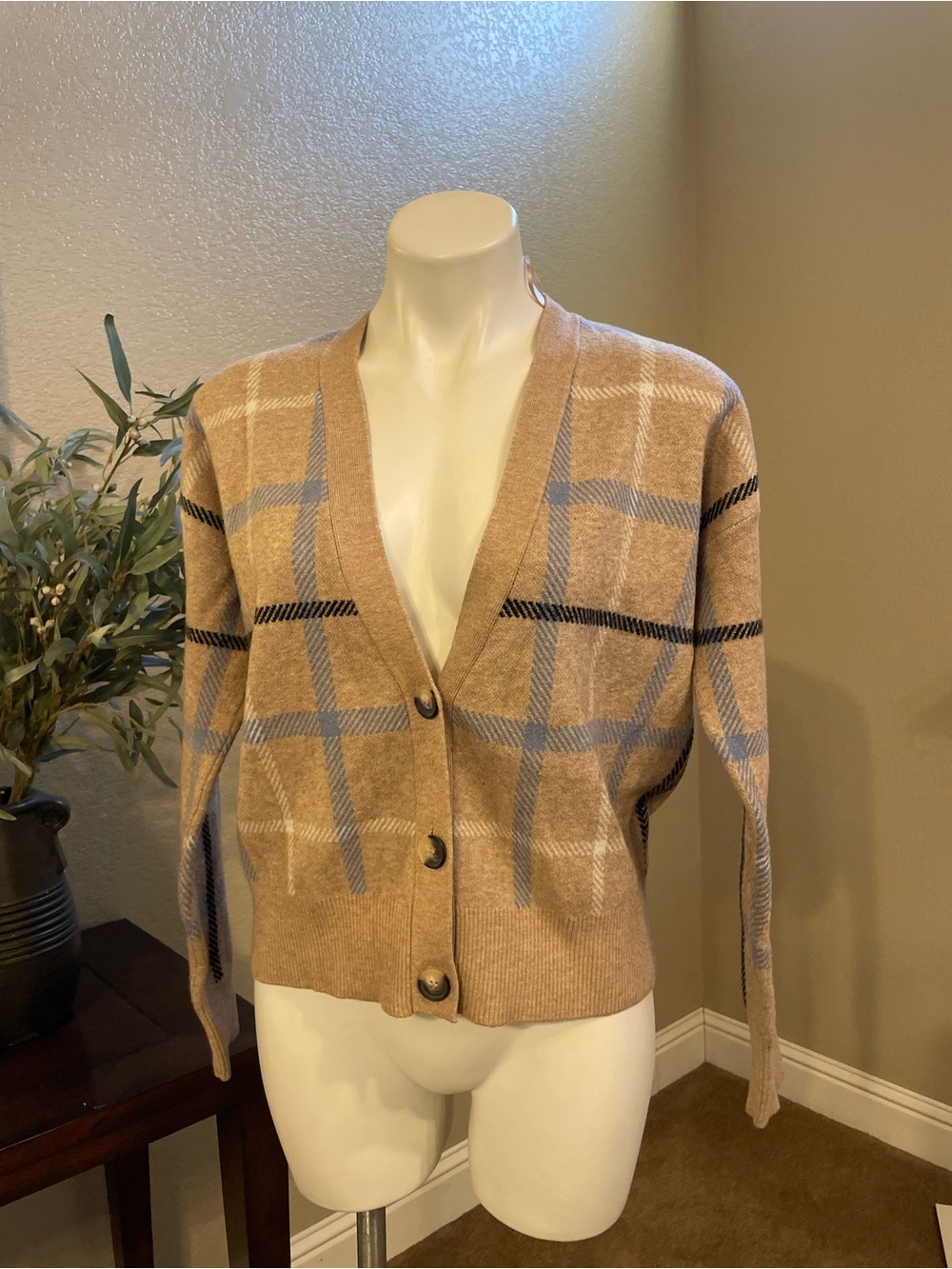 Rachel Zoe Camel Plaid Button V-Neck Cardigan with Blue Accents